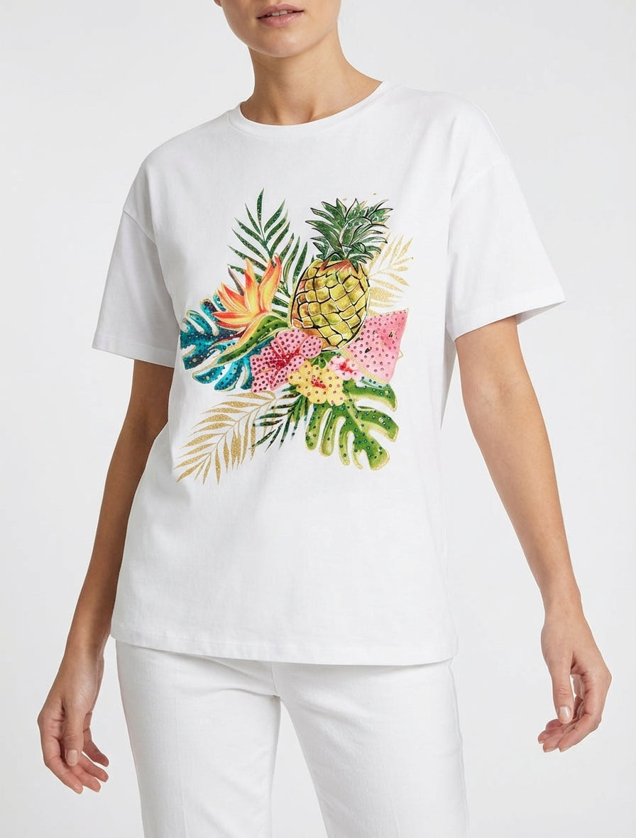 T-shirt imprimé strass - Blanc