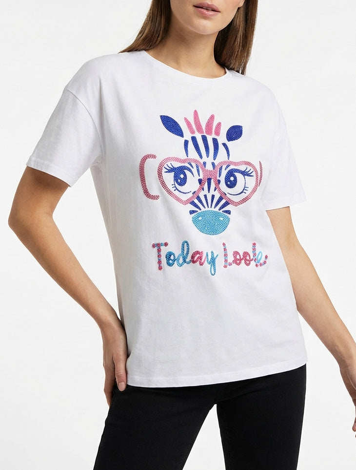 T-shirt encolure ronde strassé - Blanc