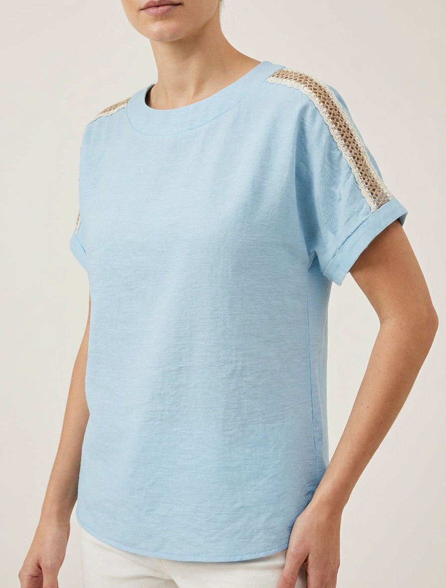 Top fluide broderies ajourées - Bleu ciel
