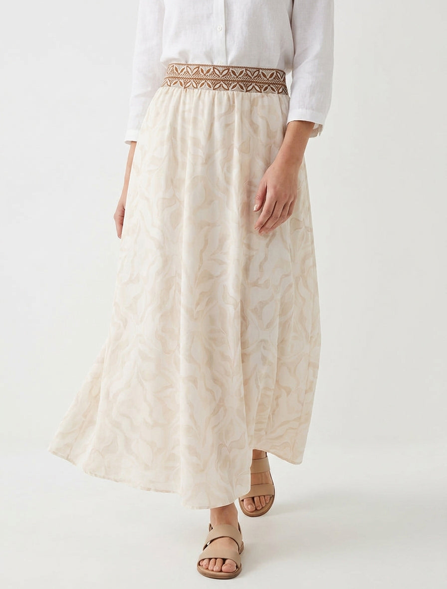 Jupe longue taille haute imprimé feuillage - Beige