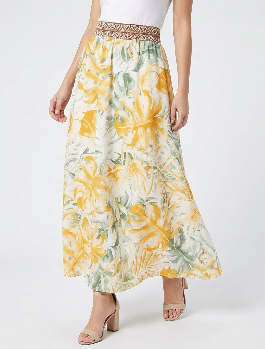 Jupe longue taille haute élastiquée - Jaune