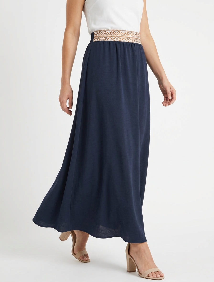 Jupe fluide longue taille haute - Marine