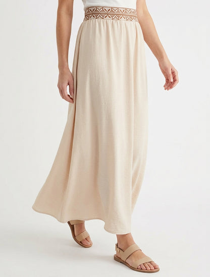 Jupe longue taille haute élastiquée - Beige