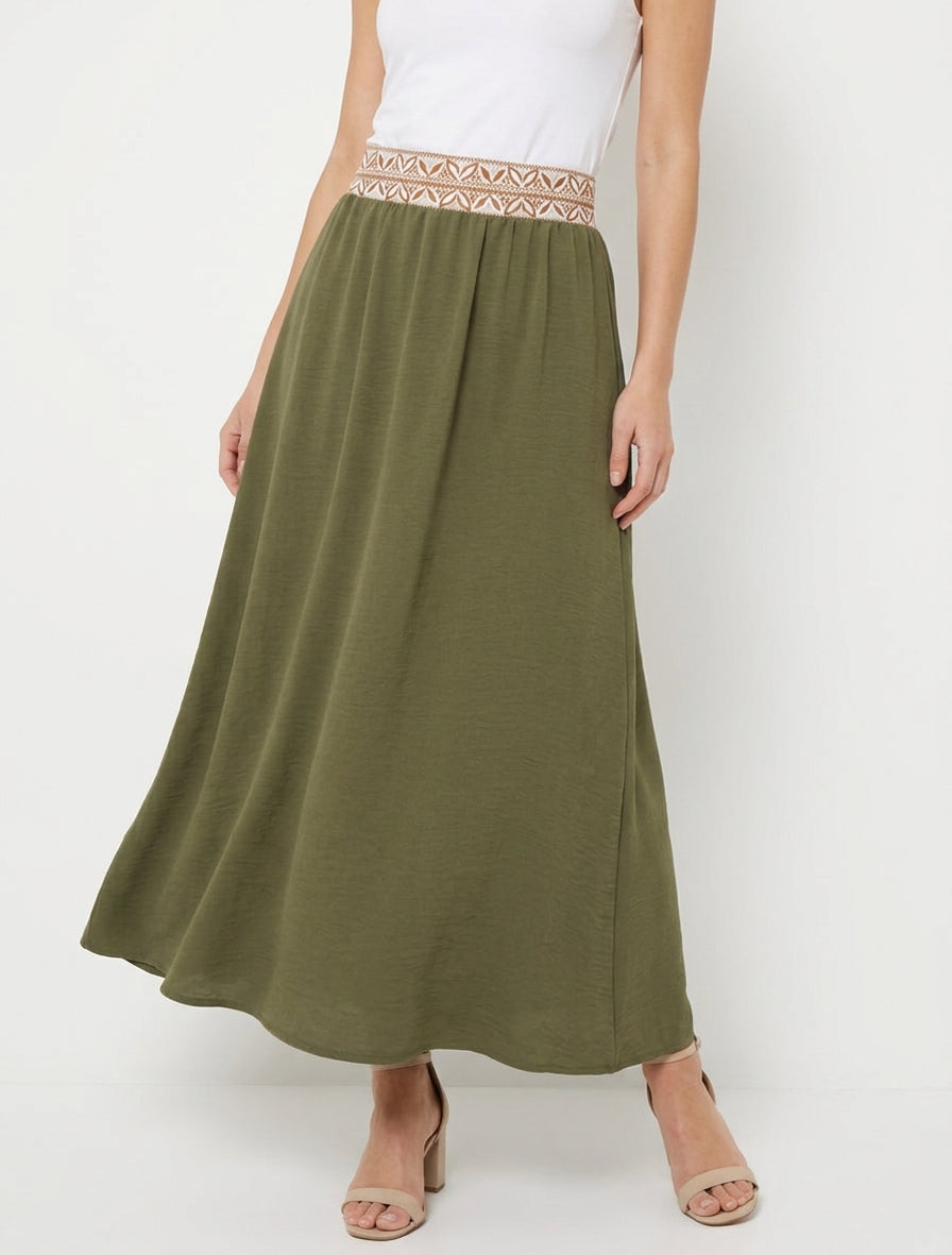Jupe longue taille haute élastiquée - Kaki