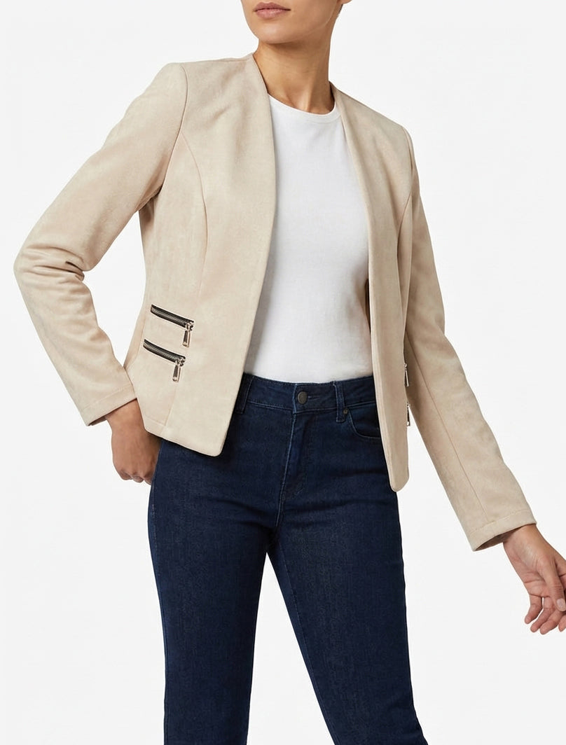 Veste en suédine col droit zippée - Beige