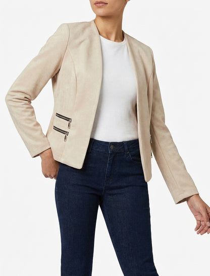 Veste en suédine col droit zippée - Beige