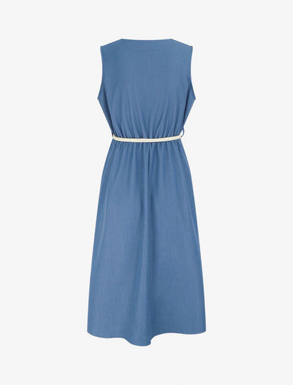 Robe longue unie à taille élastiquée - Bleu - 2