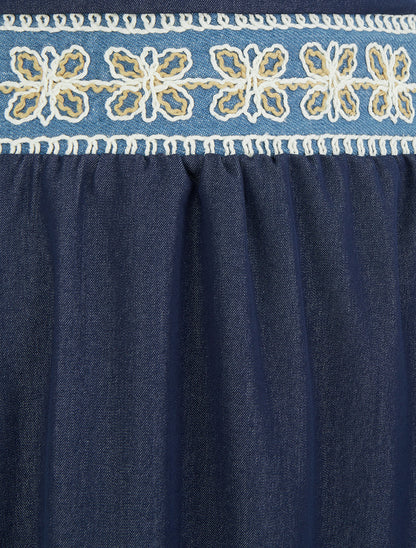 Jupe longue unie à bande brodée - Marine - 3