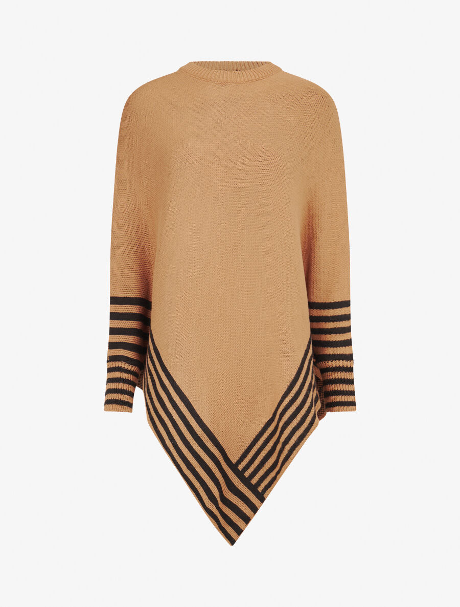 Poncho à bords rayés - Camel - 4