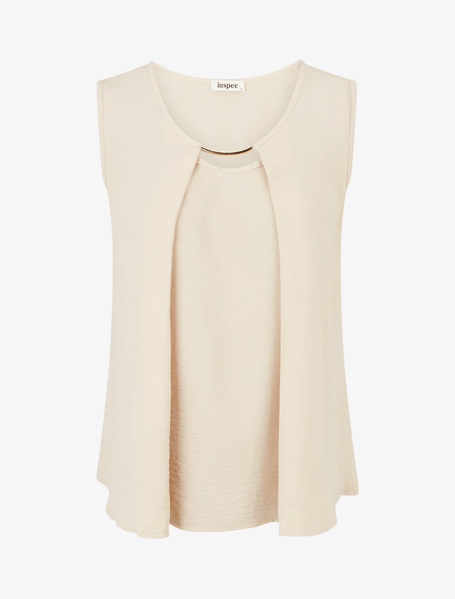 Top droit uni à col rond bijou - Beige foncé - 1