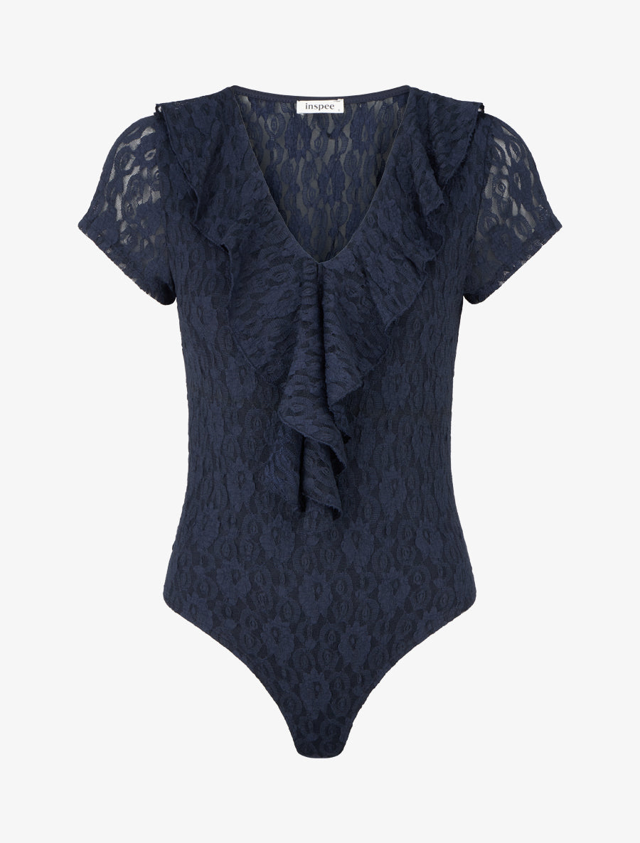 Body uni en dentelle à col volanté - Marine - 1