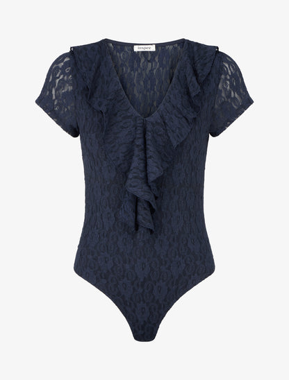 Body uni en dentelle à col volanté - Marine - 1