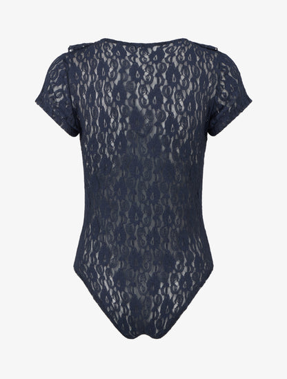 Body uni en dentelle à col volanté - Marine - 2