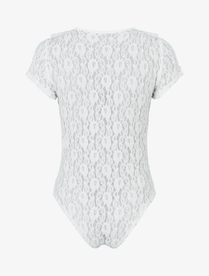 Body uni en dentelle à col volanté - Blanc - 2