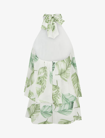 Combishort volanté imprimé feuilles à dos nu - Vert - 2