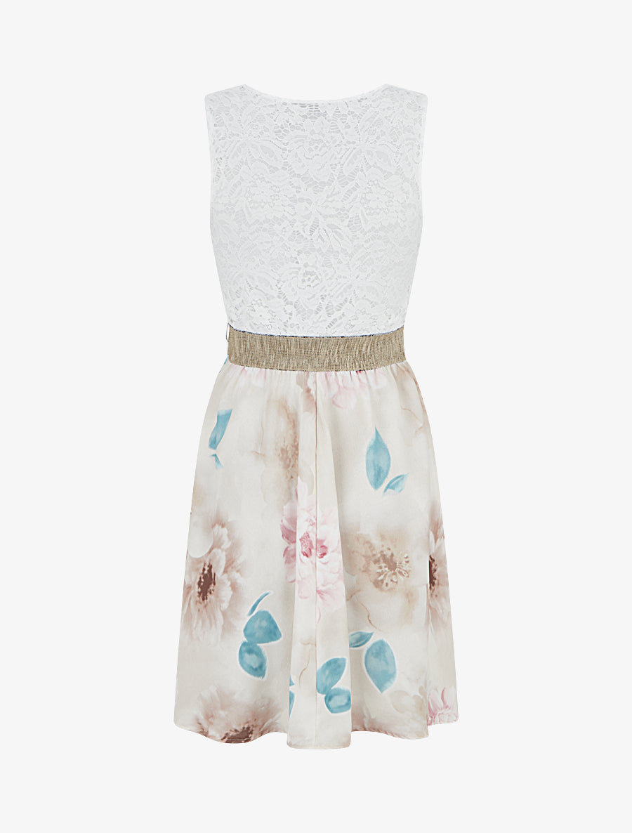 Robe mi-longue à dentelle et imprimé aquarelle - Beige - 2