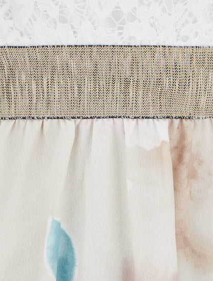 Robe mi-longue à dentelle et imprimé aquarelle - Beige - 3