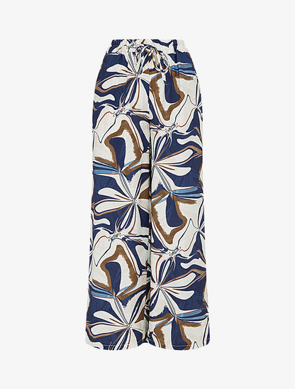 Pantalon imprimé abstrait à taille haute élastiquée - Marine - 1