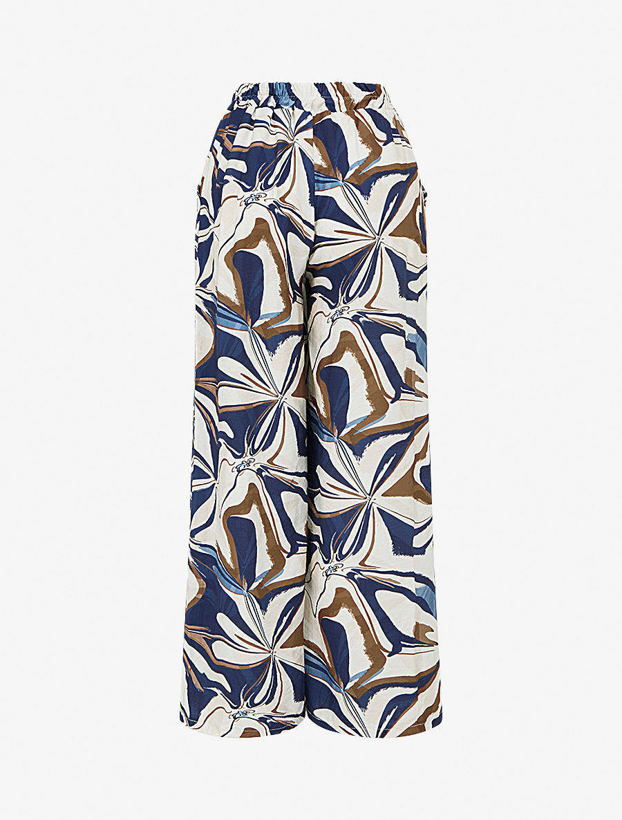 Pantalon imprimé abstrait à taille haute élastiquée - Marine - 2