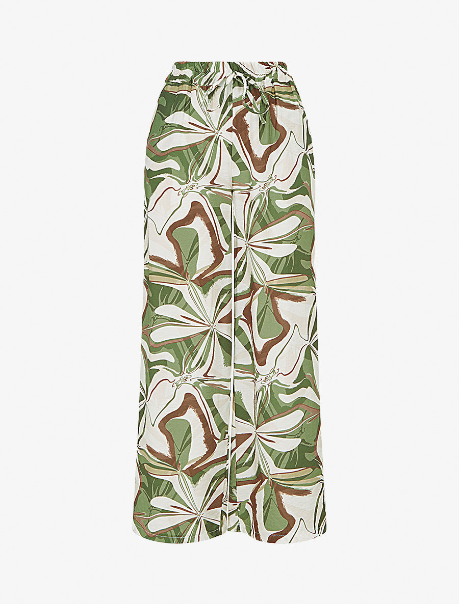Pantalon imprimé abstrait à taille haute élastiquée - Kaki - 1