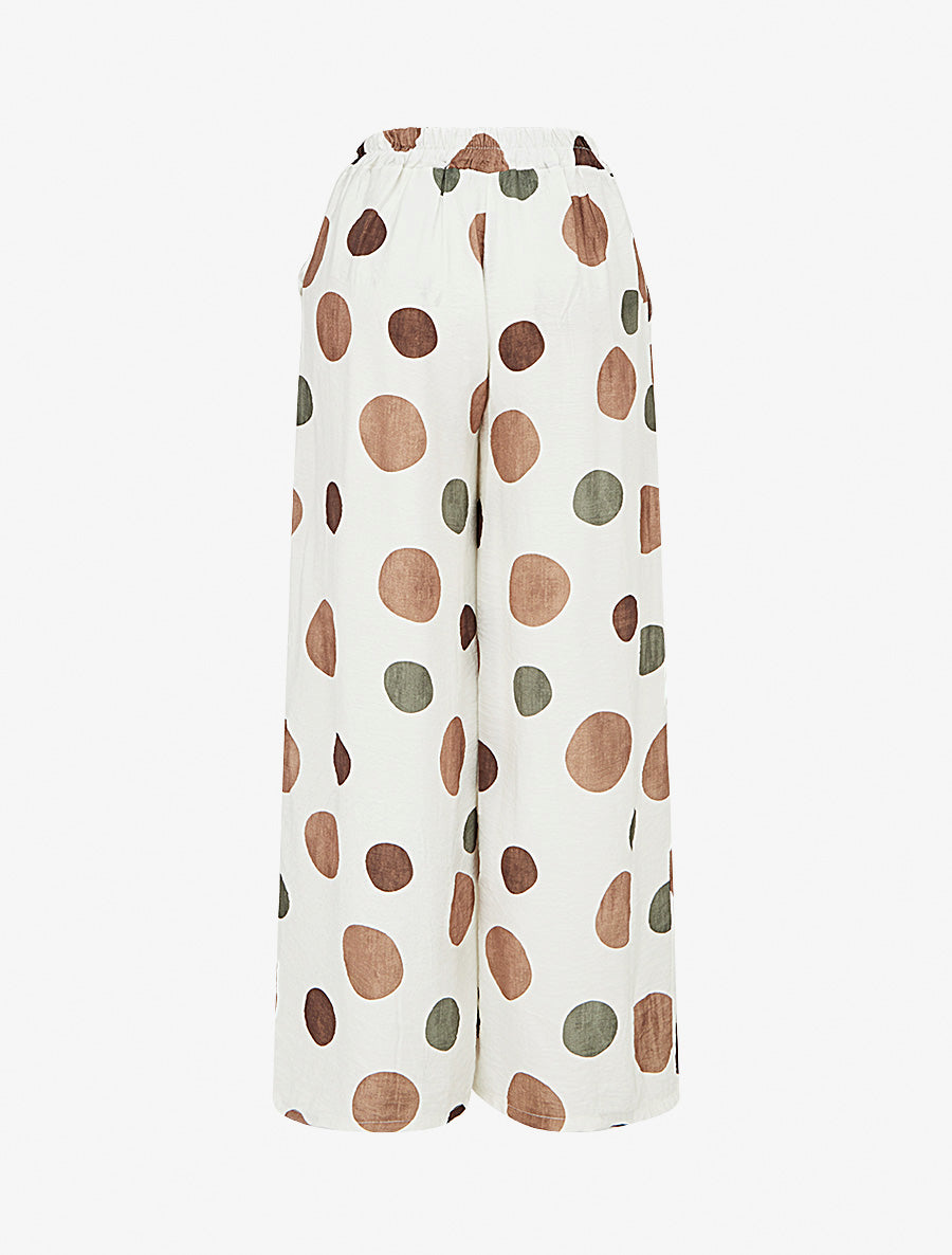 Pantalon imprimé ronds à taille haute élastiquée - Écru - 2