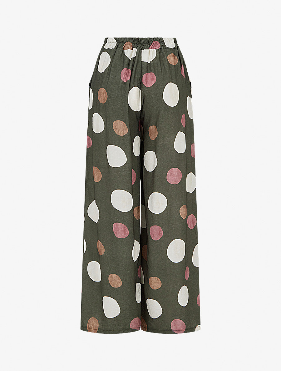 Pantalon imprimé ronds à taille haute élastiquée - Kaki - 2
