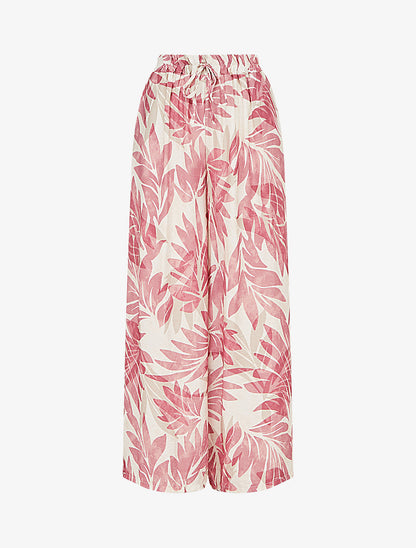 Pantalon imprimé feuillage et à taille haute élastiquée - Rose - 1