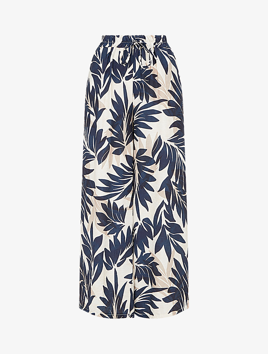 Pantalon imprimé feuillage et à taille haute élastiquée - Marine - 1