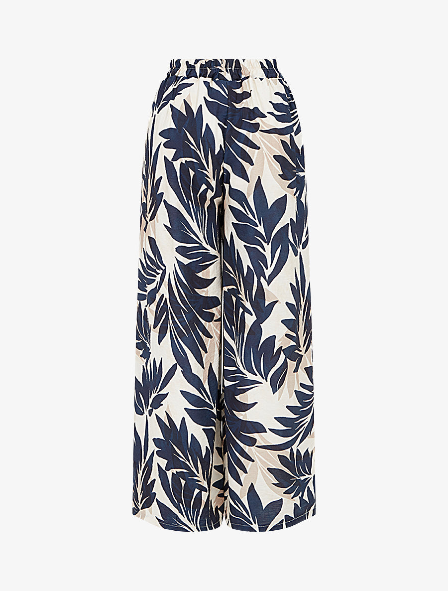Pantalon imprimé feuillage et à taille haute élastiquée - Marine - 2
