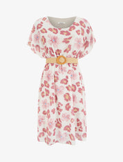 Robe mi-longue fleuri manches courtes - Rose - 1