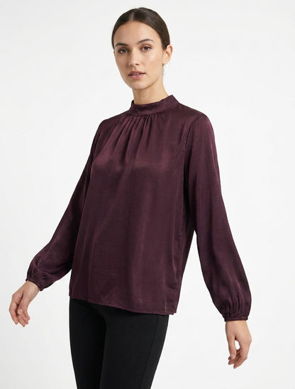 Blouse satinée col montant plissé - Prune