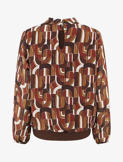 Blouse imprimé rétro à poignets élastiqués - Marron - 2