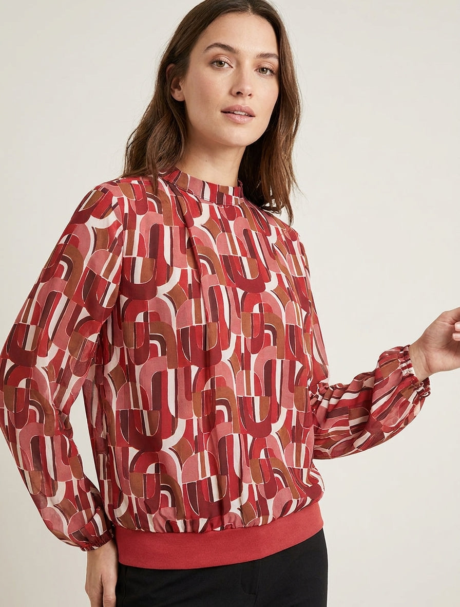 Blouse fluide col montant imprimé rétro - Rouge