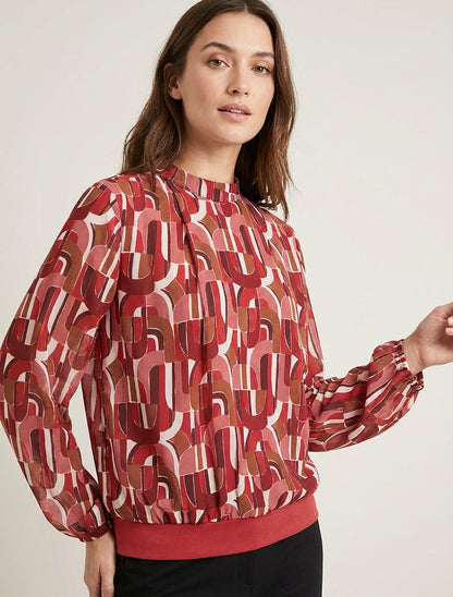 Blouse fluide col montant imprimé rétro - Rouge