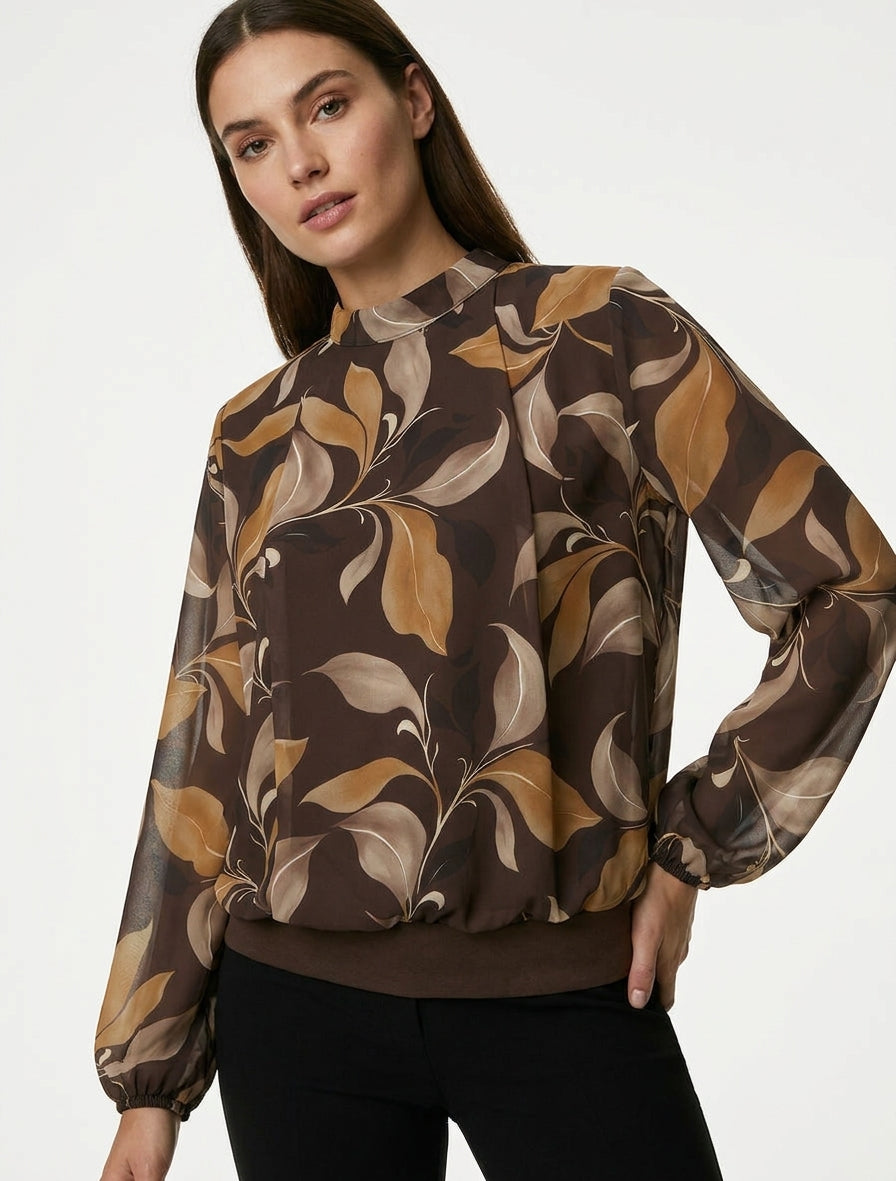 Blouse fluide col montant à imprimé - Marron