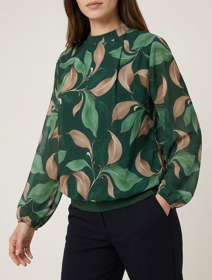 Blouse fluide col montant imprimé - Vert sapin