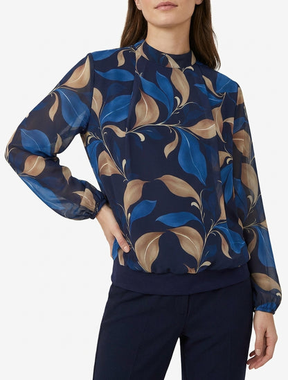 Blouse fluide col montant imprimée - Marine
