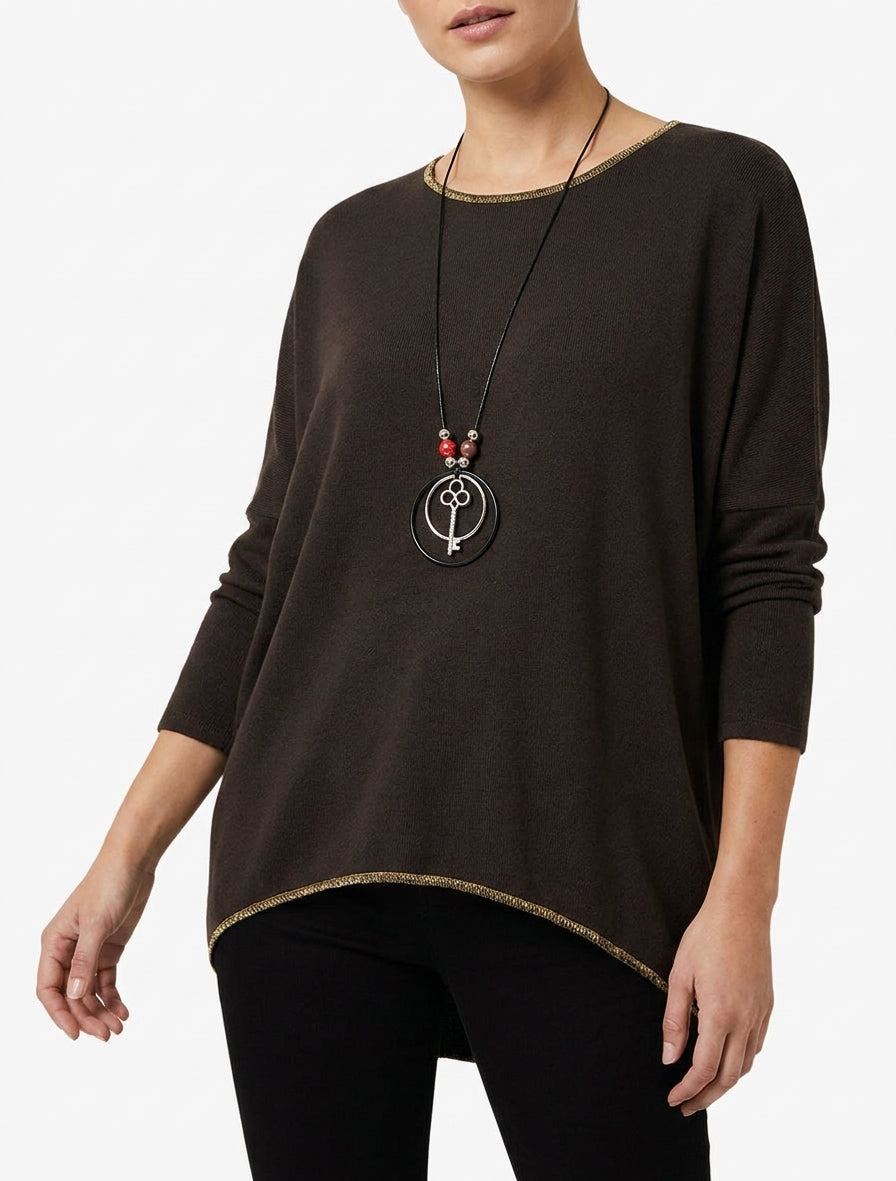 Pull asymétrique manches chauves-souris - Marron