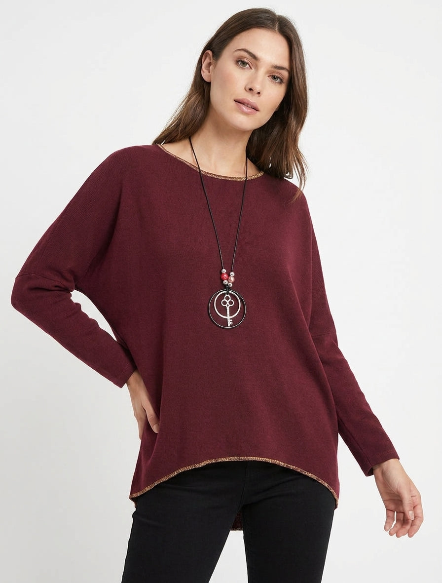 Pull asymétrique manches chauve-souris - Bordeaux