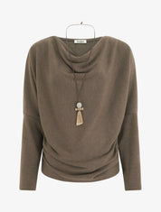 Pull fin à manches chauve-souris et col bénitier - Taupe foncé - 1