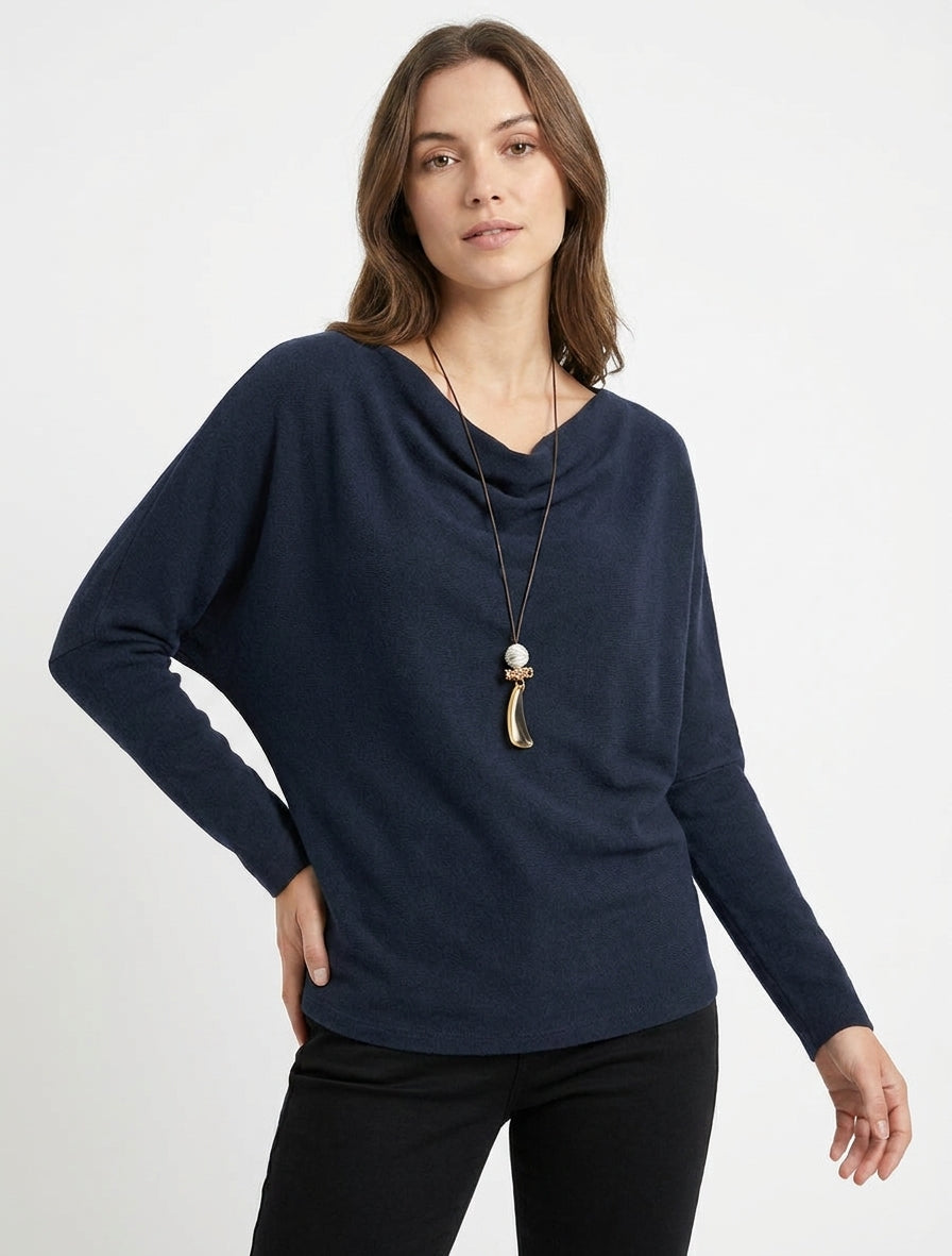 Pull fin col bénitier et bords froncés - Marine