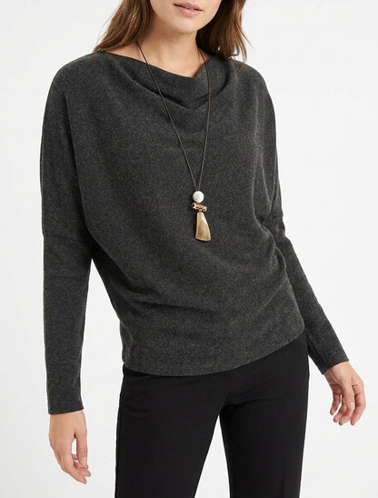 Pull fin col bénitier et manches chauve-souris - Gris foncé