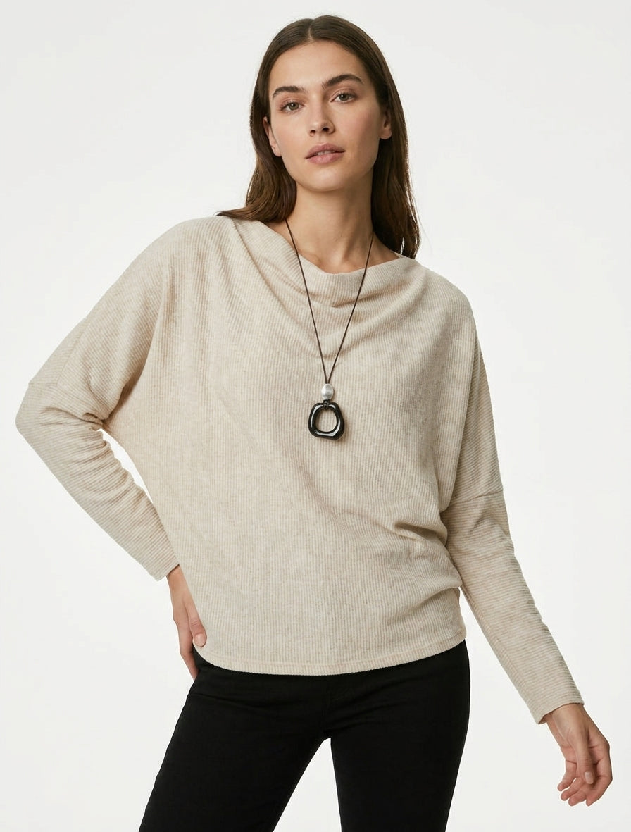 Pull côtelé col bénitier et manches chauve-souris - Beige