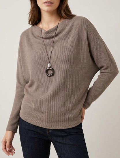 Pull côtelé col bénitier manches chauve-souris - Taupe