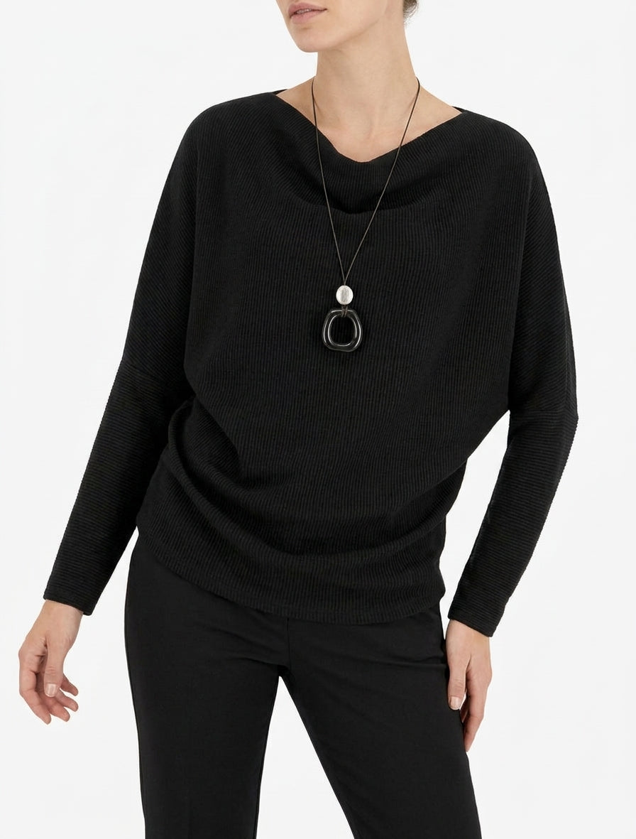 Pull côtelé col bénitier chauve-souris - Noir