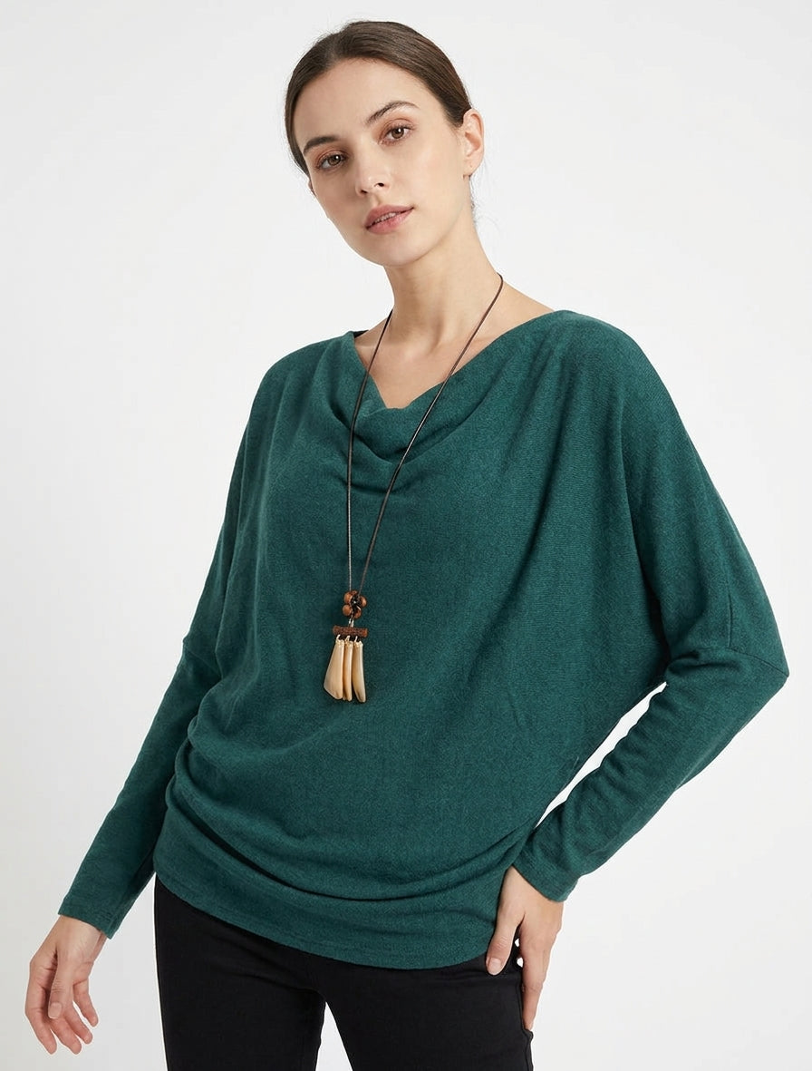 Pull fin col bénitier à manches chauve-souris - Vert sapin