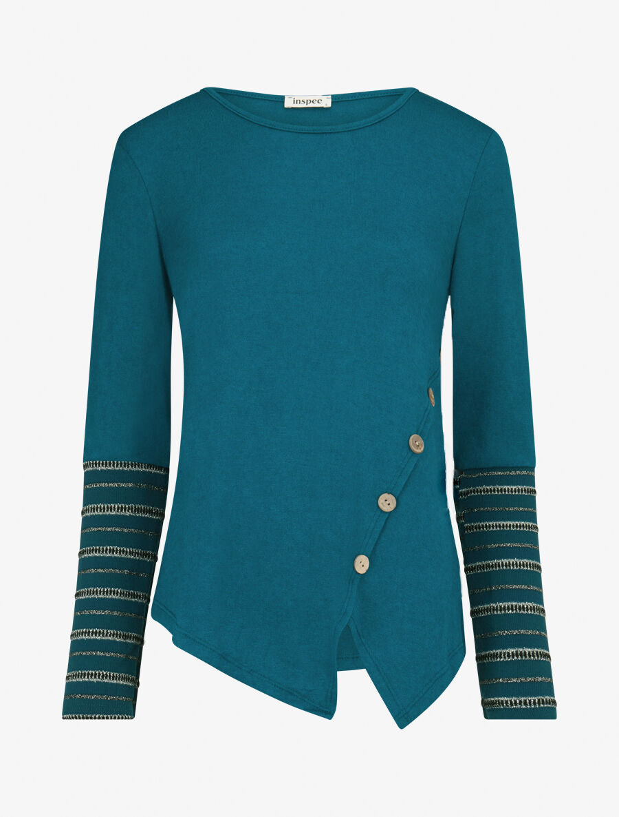 Pull fin à manches rayées - Bleu lagon - 1