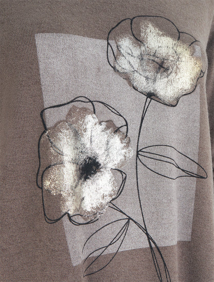 Pull à bords asymétriques et motif floral irisé - Taupe - 3