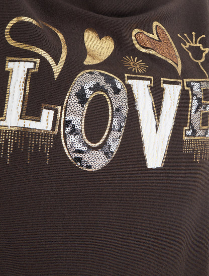 Pull à col bénitier et inscription LOVE - Marron - 3