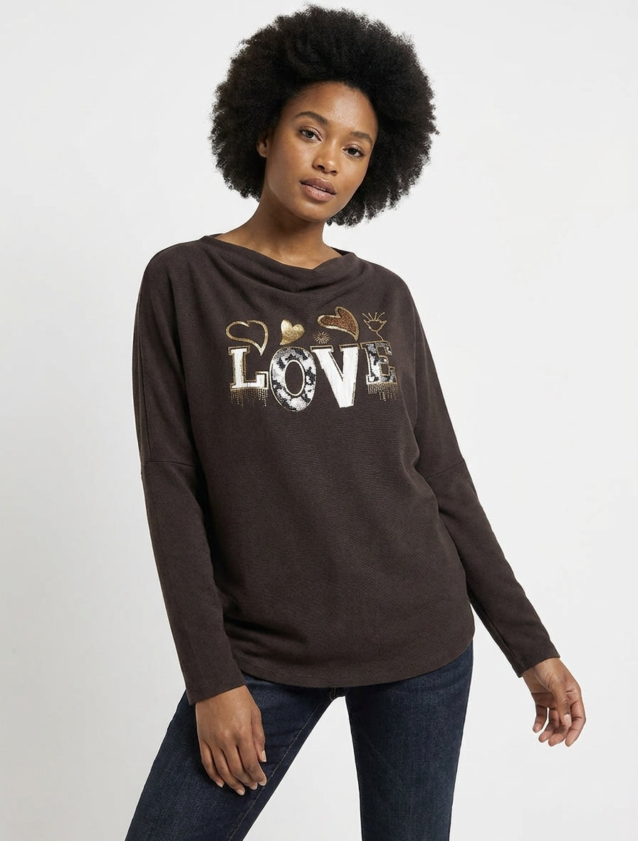 Pull fin à détail LOVE irisé - Marron